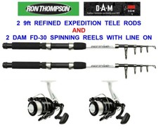 2 RON THOMPSON 8ft TELESCOPIC RODS+DAM FD-30 REELS+LINE SEA FISHING SPINNING
