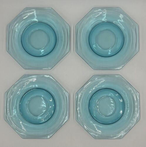 Lot de 4 soucoupes Hazel Atlas bleu octogonal verre turquoise 6 pouces uniquement en emballage d'origine - Photo 1/8