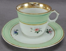 19th Century Old Paris Hand Painted Flowers Green & Gold Coffee Cup & Saucer B