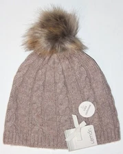 Lemon Women's Fluffy Cable Knit Beanie with Pompom - One Size - Buff - NEW