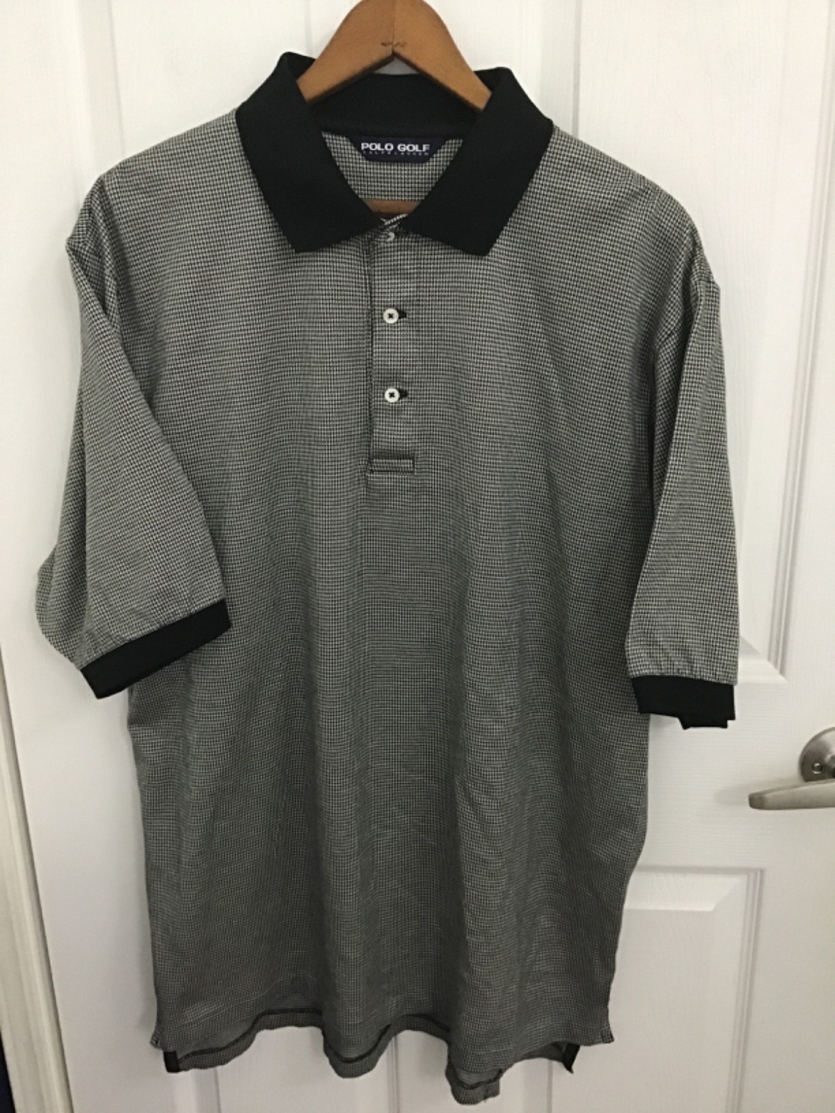 Vtg. Polo Golf Ralph Lauren Houndstooth Knit Polo Black Cream RL Logo Men