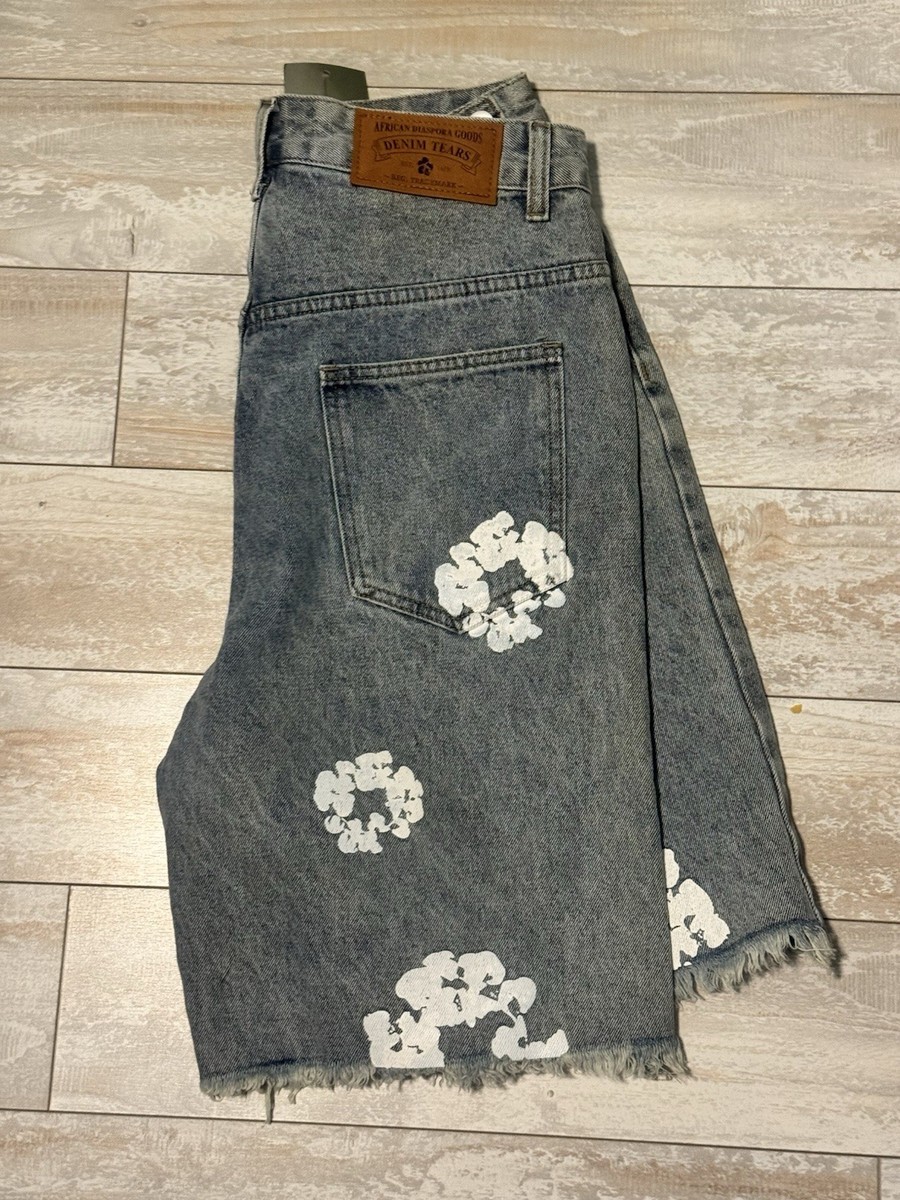 DENIM TEARS Floral Cut Off Denim Shorts Blue Frayed Hem Women's