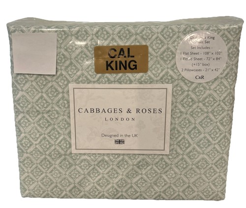 Cabbages and Roses California King Sheet Set Flower Block Sage Cotton ...