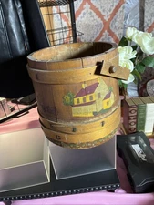 Vintage Small Primitive Wooden Firkin Sugar Bucket Hand Painted Dutch Girl W/lid