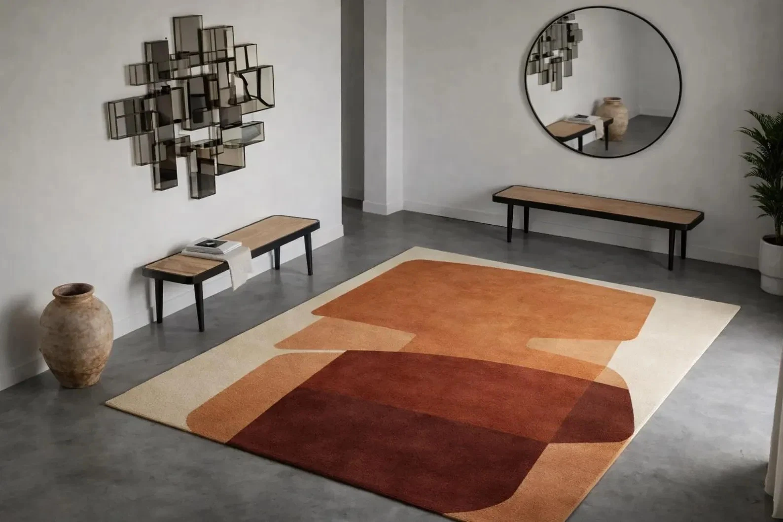 Hand Tufted Wool Area Rug Mid Century Modern Abstract Terracotta Brown Large Rug