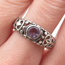 925 Sterling Silver Vintage Real Round-Cut Amethyst Ornate Ring Size 9