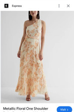 Express Women’s S Ivory/Orange Metallic Floral One Shoulder Twist Pleated Maxi