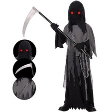 Lomesion Grim Reaper Costume for Kids,Phantom Halloween Medium, Gray-black