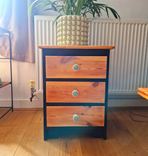 Bedside Cabinet 3 Drawers Wood Storage Black Frame Blue Knob Handles