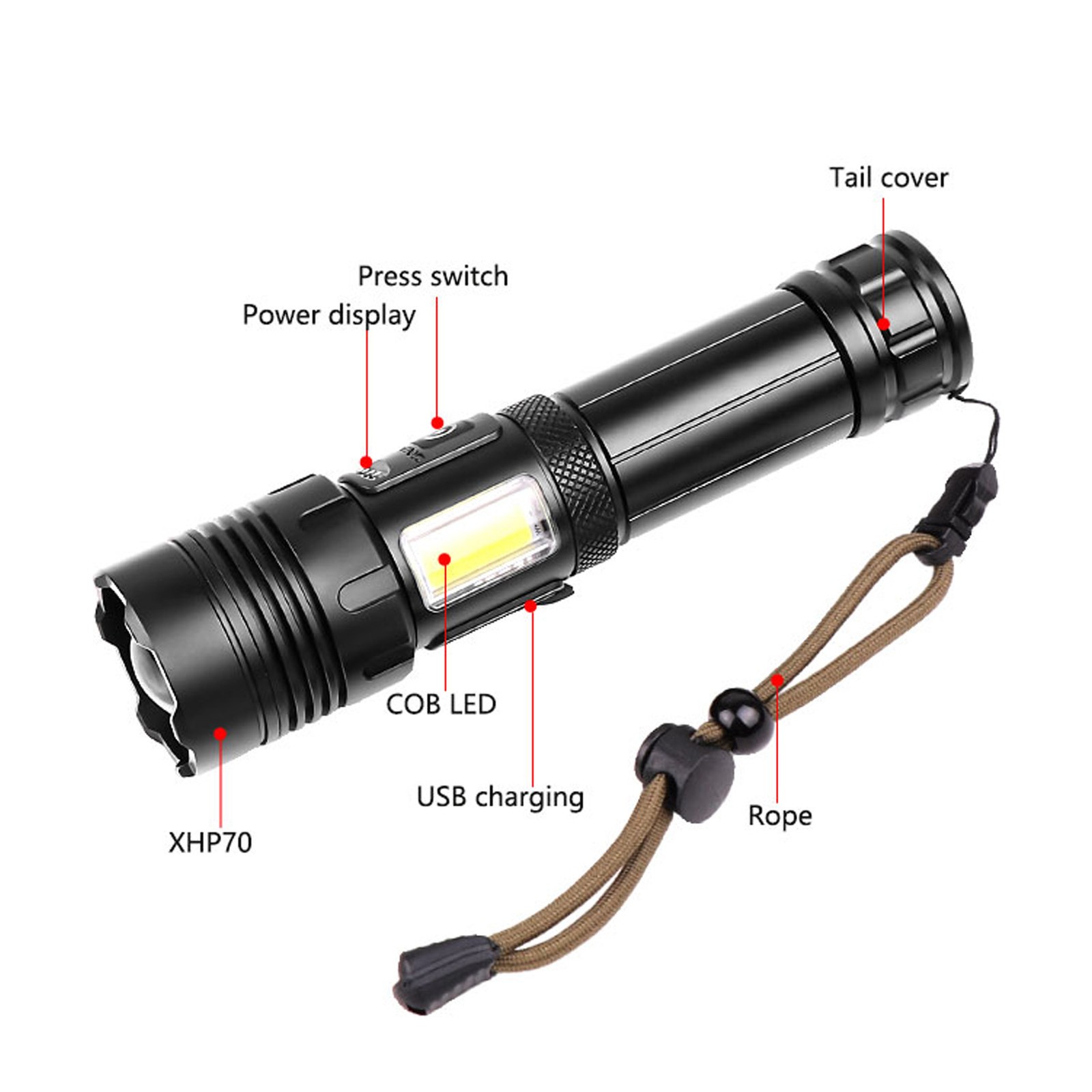 XHP70+COB Red And White Light Strong Brightness Zoom Flashlight Charging Torch