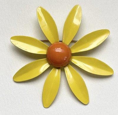 Vintage 60's Enamel Yellow Orange Flower Power Brooch Pin Hippie Retro MCM