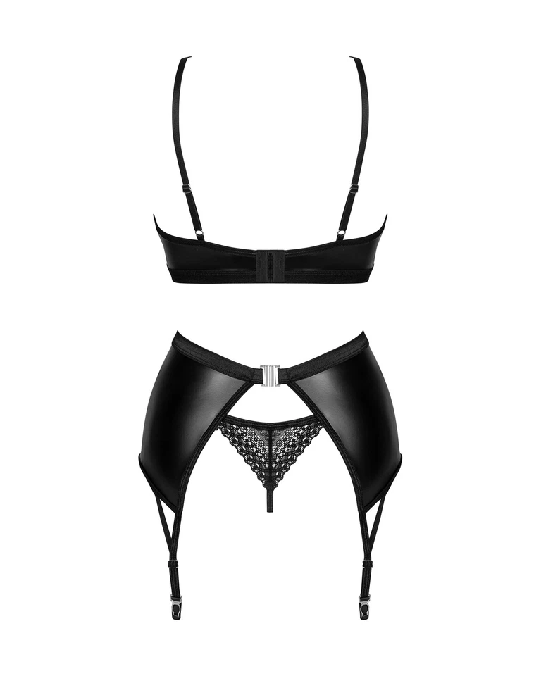 Dessous-Set Norides schwarz Kunstleder Bügel-BH Strapsgürtel String Wetlook S-XL - Bild 4 von 4