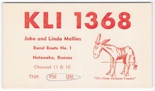 Vintage 1960s KLI 1368 QSL Card Netawaka Kansas Jackass County Cartoon