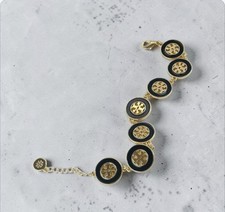 Tory Burch Gold & Black Cable Chain Charm Bracelet, Round Shape, Adjustable, Si…