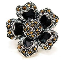 Natural Black Onyx  Swiss Marcasite 925 Solid Sterling Silver Ring Sz 6,7 ZB6