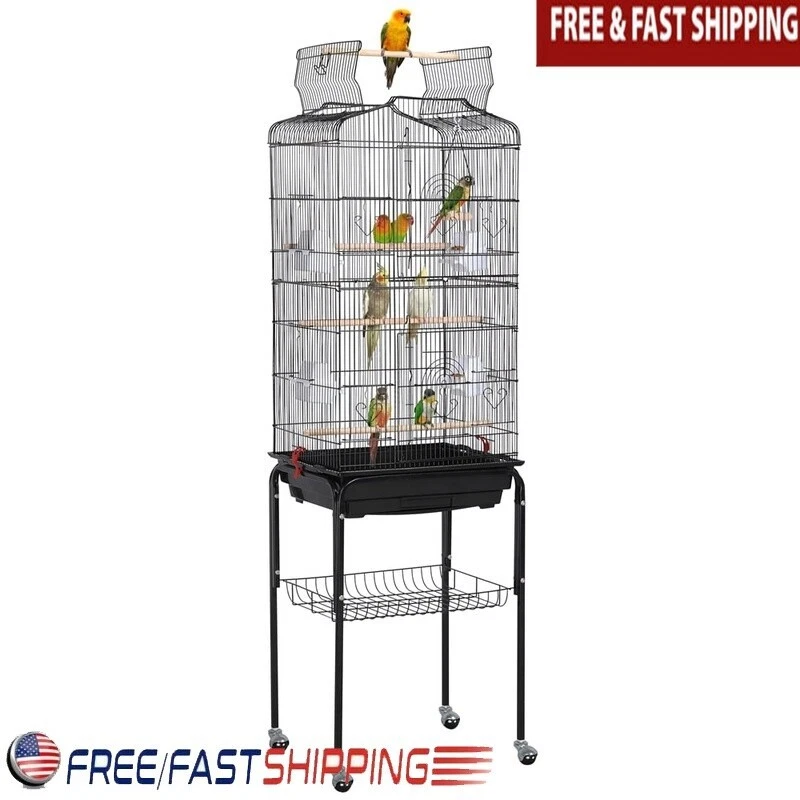 64 Inch Rolling Metal Birdcage Open Top Portable Bird Home W/ Slide Out Tray New