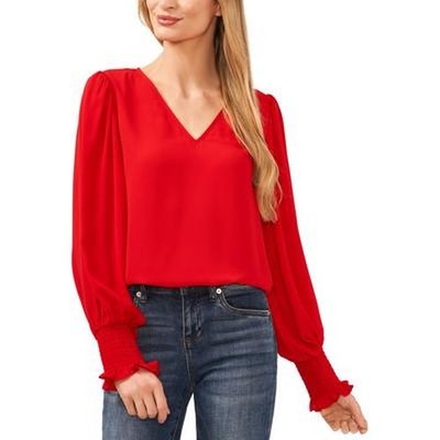 CeCe Long Sleeve Smocked-Cuff V-Neckline Blouse Women's L Red Pullover Style