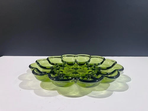 Vintage Anchor Hocking Olive Green Deviled Egg Plate Avocado Glass Serving Tray