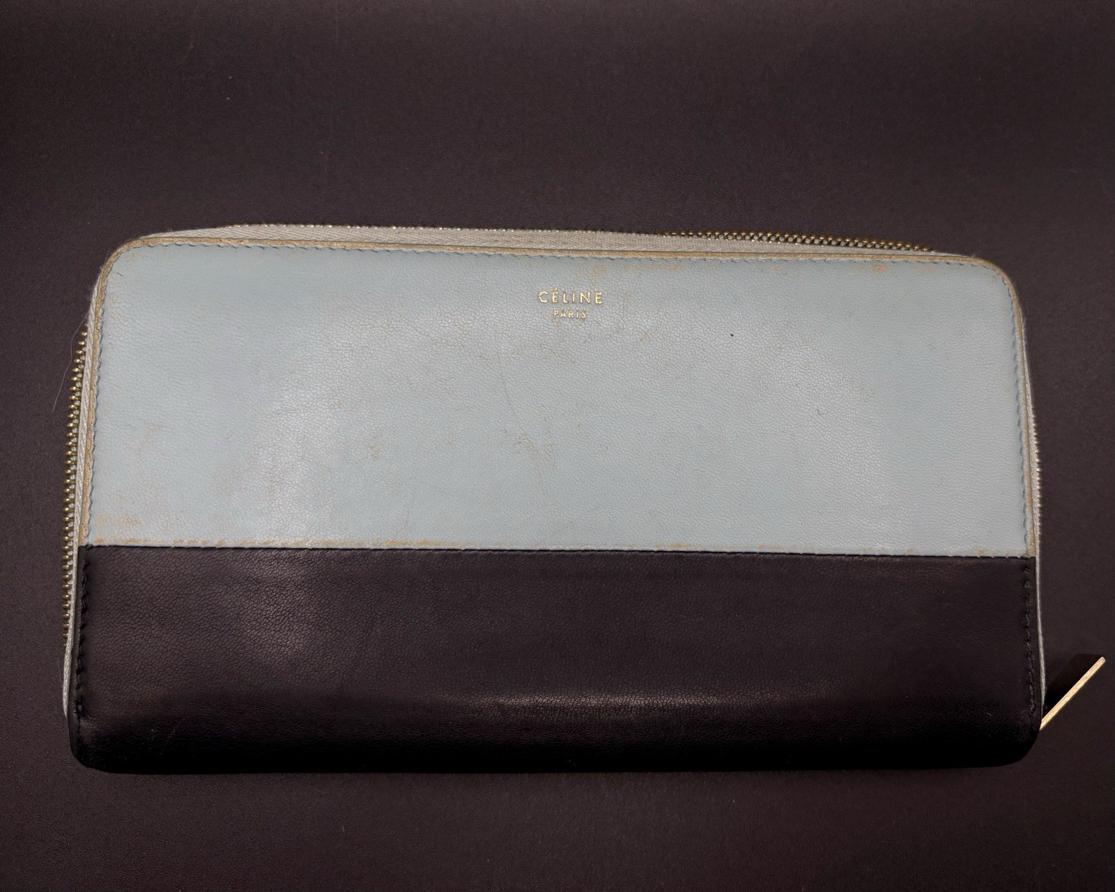 Celine Bi-color Large Zipped Multifunction Leather Wallet Glacier Blue Black
