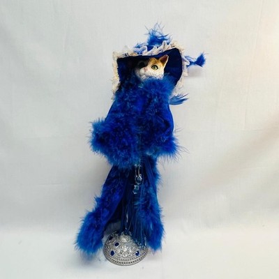 VTG Porcelain Cat Head Paws Velvet Hat Feathered Lace Cloak  3'' Base Dia x 14'' H