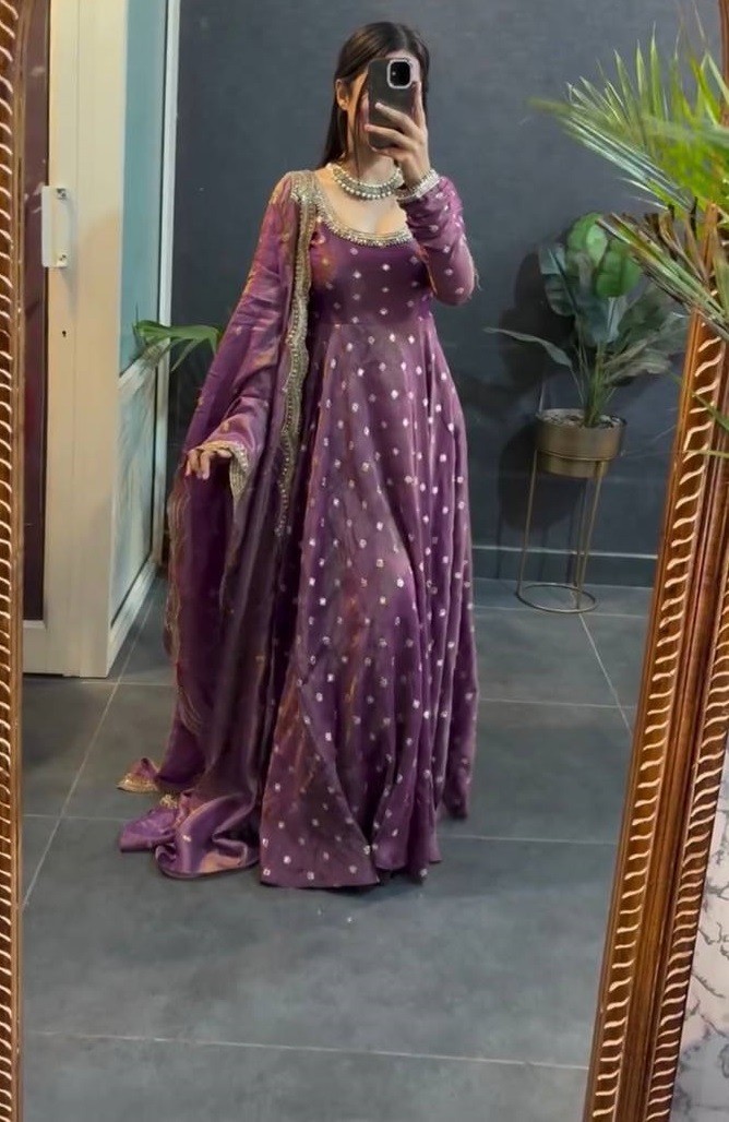 Beautiful Heavy Fendy Silk Purple Gown Bottom With Dupatta For Wedding Wear