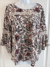 NAIF Women’s Blouse Size Medium Paisley Boho Bell Sleeve Crochet Studded