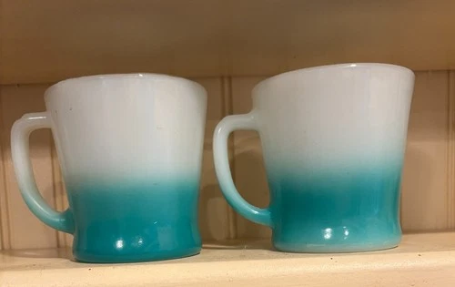 TWO Vintage Anchor Hocking Fire King  Mugs Turquoise Ombre Fade Gold Rim 3 1/4"