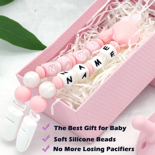 Personalised Pacifier Clip Name Dummy Clip Silicone Beaded Chain Holder Shell - Picture 3 of 10