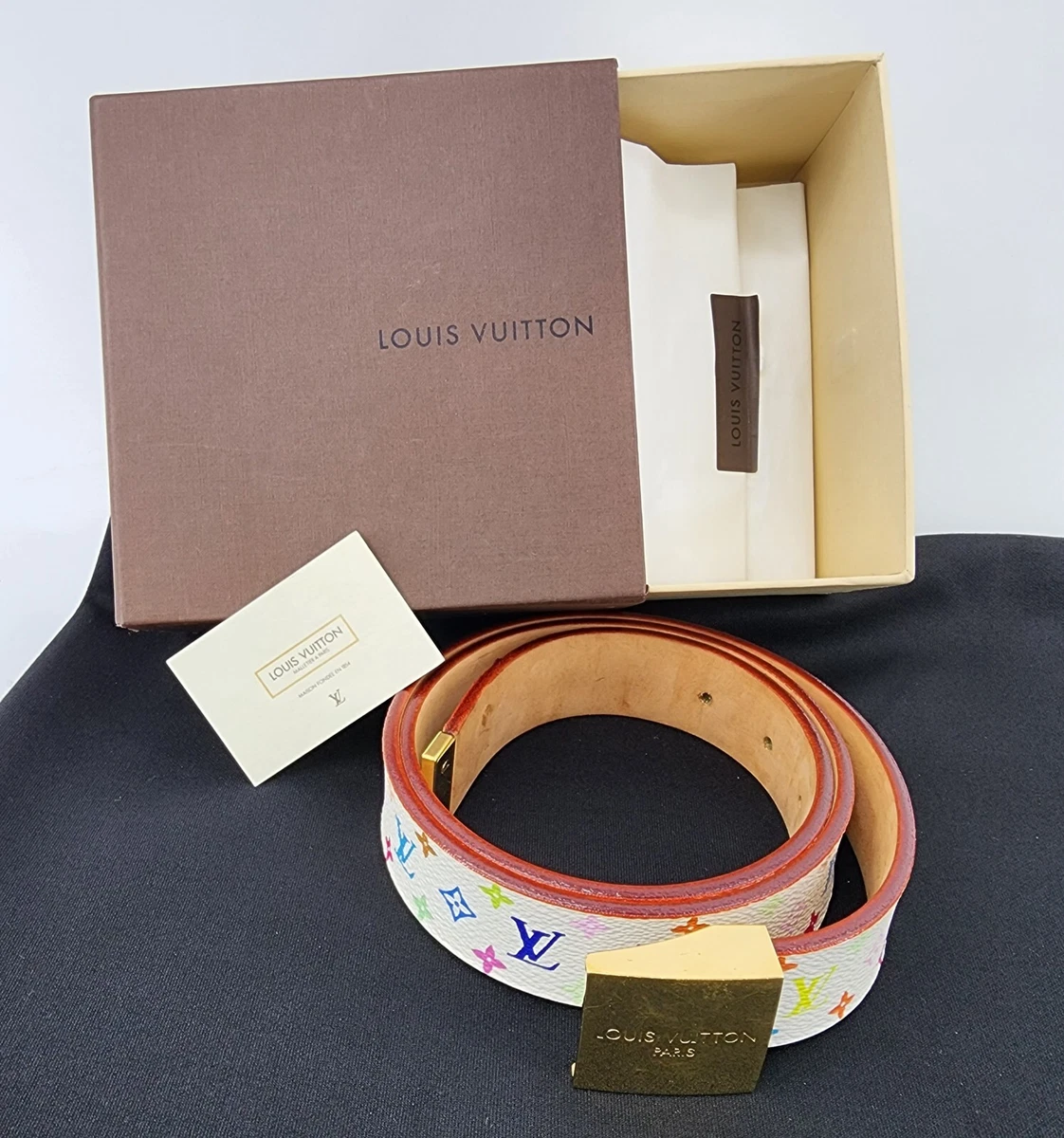 Louis Vuitton Multi Color Monogram on White Belt w/Gold Buckle:SHIPS  FREE(16034)