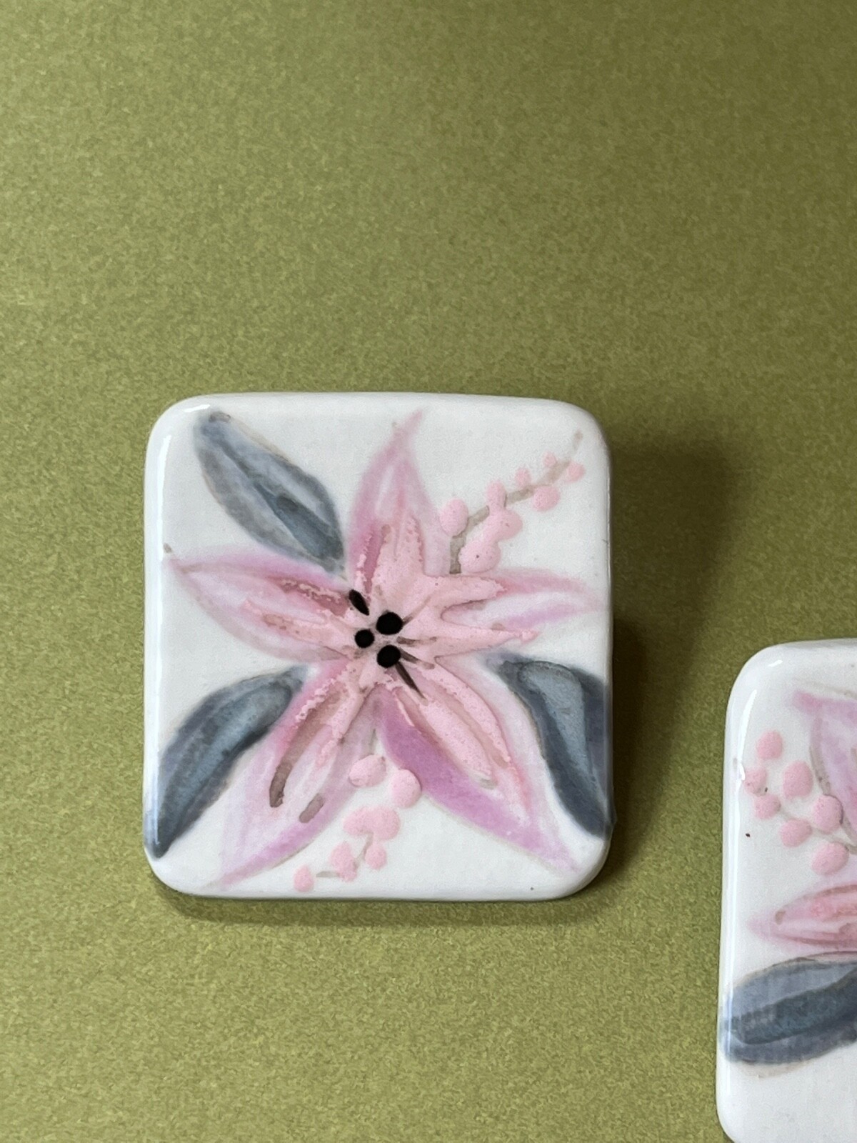 Handmade Large White Rectangle Painted w Pink Spi… - image 2