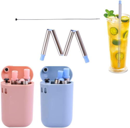 2 X His and Hers Collapsible Straw with Travel Case (Stainless Steel) | Pink and