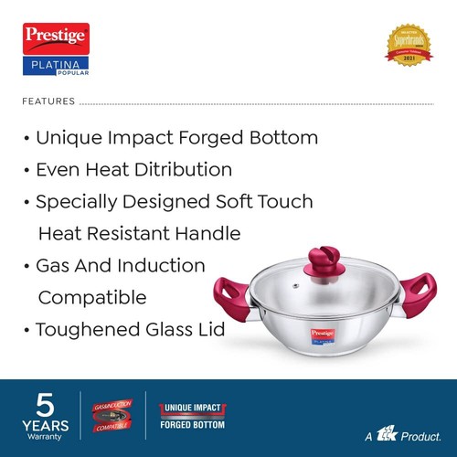 Prestige Platina Popular Stainless Steel Kadai - Lid, 1.5 Ltr -Free Shipping - Picture 3 of 3