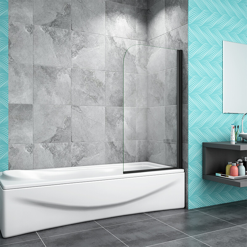 Shower Bath Screen Panel Matt Black Frame Clear/Dark Grey Glass Pivot ...