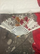 Folding Hand Fan White w/Red Wine  Goldenl Flowers Color open size 16.5x9"