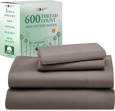 Luxury 600 Thread Count Brown Twin Bed Sheets, Soft Cooling Cotton Set