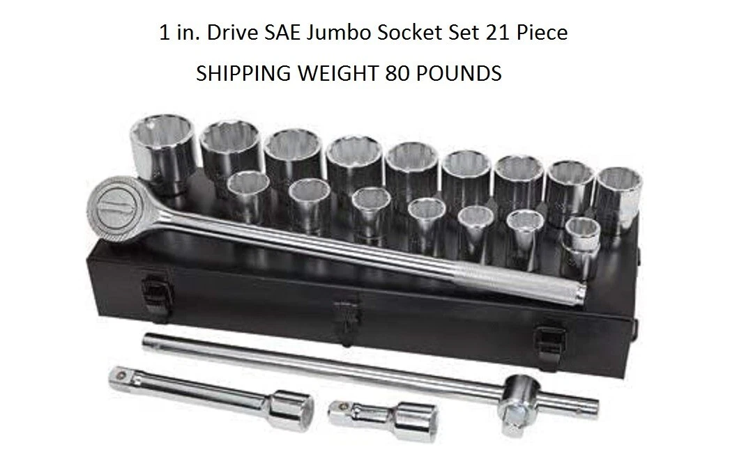 21 Pc 1 in Drive SAE Jumbo Heavy Duty Socket Set Steel T Bar Auto Shop Garage
