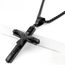Men's 24" Box Chain JESUS CROSS Charm Black Stainless Steel,Ion Plated Box