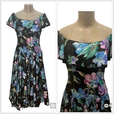 Vintage 80’s Floral Off-Shoulder Tea Party Prom Black Petticoat Dress By ACT1 S