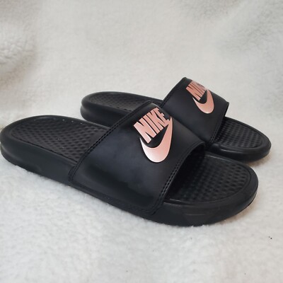 nike benassi gold and black sliders