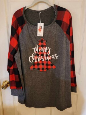 Womens Vislily MerryChristmas Buffalo Plaid Red Black Gray Long Sleeve 24W Shirt