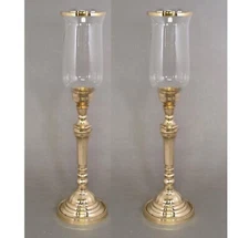 Candle Holder 5.5"D 19.5"Hi Set/2 Embossed Brass Base Glass Shade FREE SHIPPING