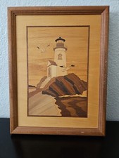 Vintage Marquetry Hudson River Wood Inlay Lighthouse Rock Nelson