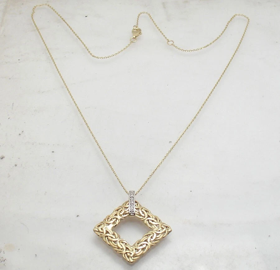 Natural Diamond Accent Square Byzantine Pendant Cable Chain Real 14K Yellow Gold - Image 4 of 4