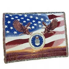 United States Air Force Patriotic Fringe Blanket Bald Eagles Made In USA Cotton
