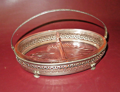#ad #ad Vintage 9quot; Long Pink Depression Oval 2 Section Divided Dish in Silverplate Frame $31.20