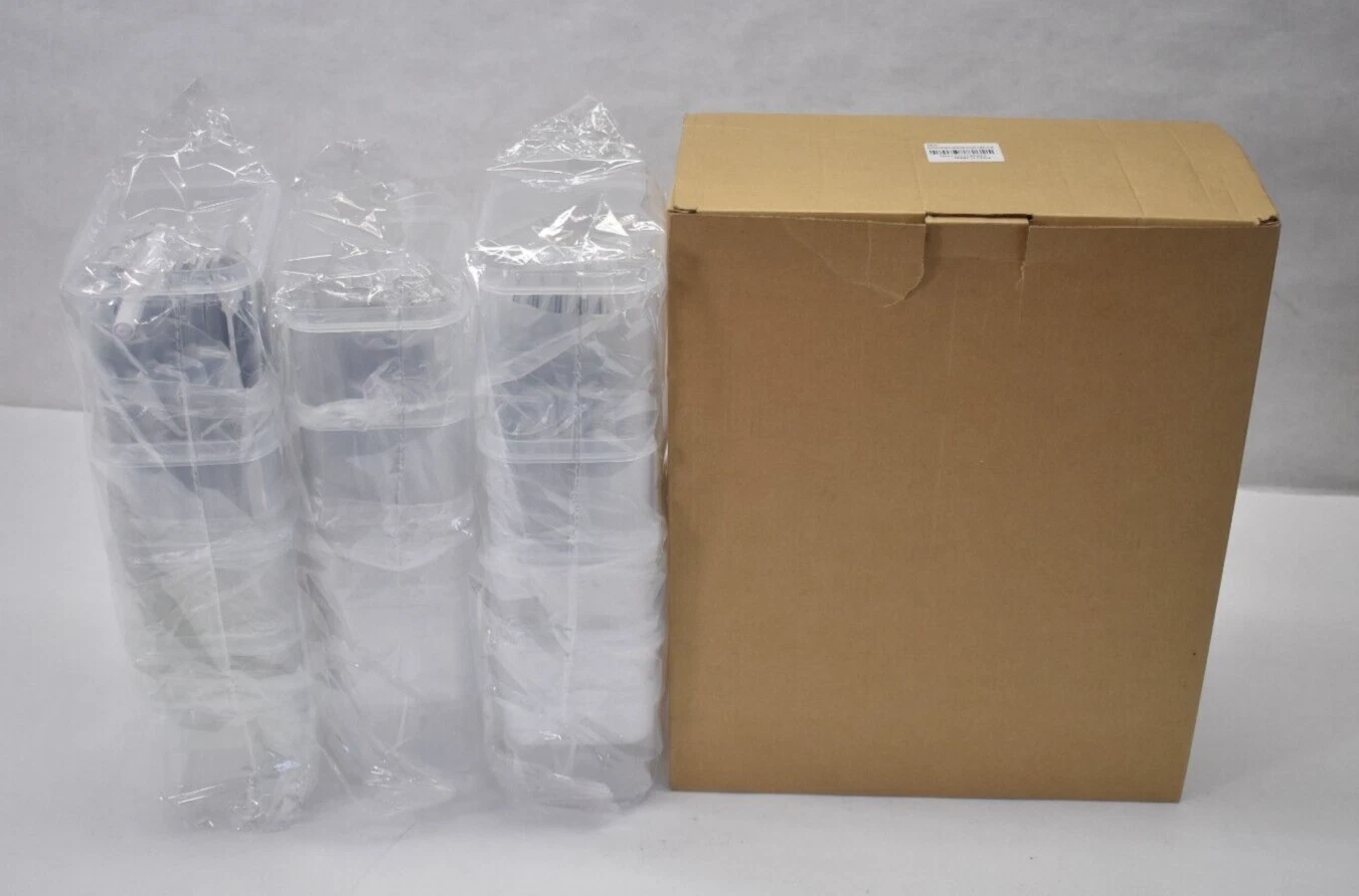 Lot of 14 Food Storage Containers w Lids & Sticker Adhesives Clear/Black & Pen