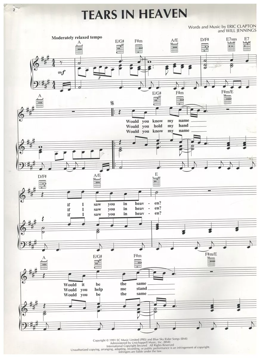 Tears In Heaven" Sheet Music by Eric Clapton for Guitar Tab/Vocal -  Sheet Music Now