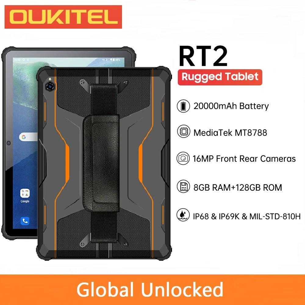 20000mAh Rugged Tablet Pad Oukitel RT2 8GB+128GB Android 12 16MP Dual Camera 33W