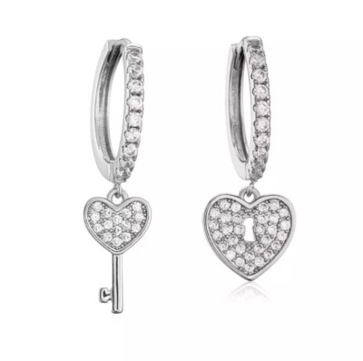 ZARD Huggie Hoop Earrings Heart Lock Key Mismatch Charm CZs in Sterling Silver