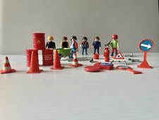 Playmobil Construction Toy Lot VTG Figures, Cart, Tools, Signs, Cones